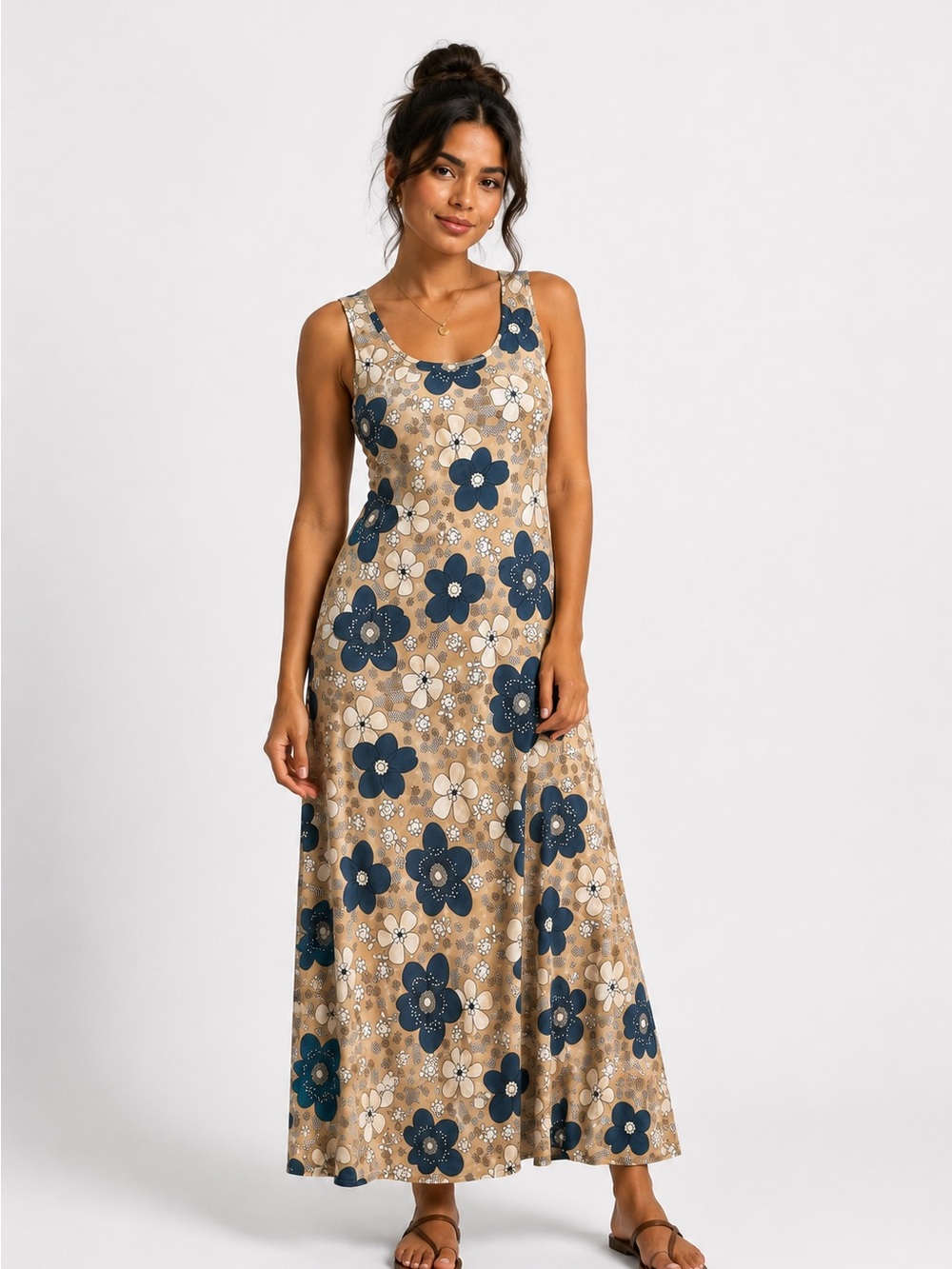 Bess Sleeveless Floral Maxi Dress in Beige and Navy